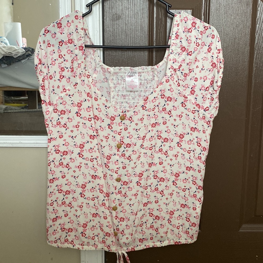 Pink and white no boundaries Adult Medium button up waist-tie shirt.